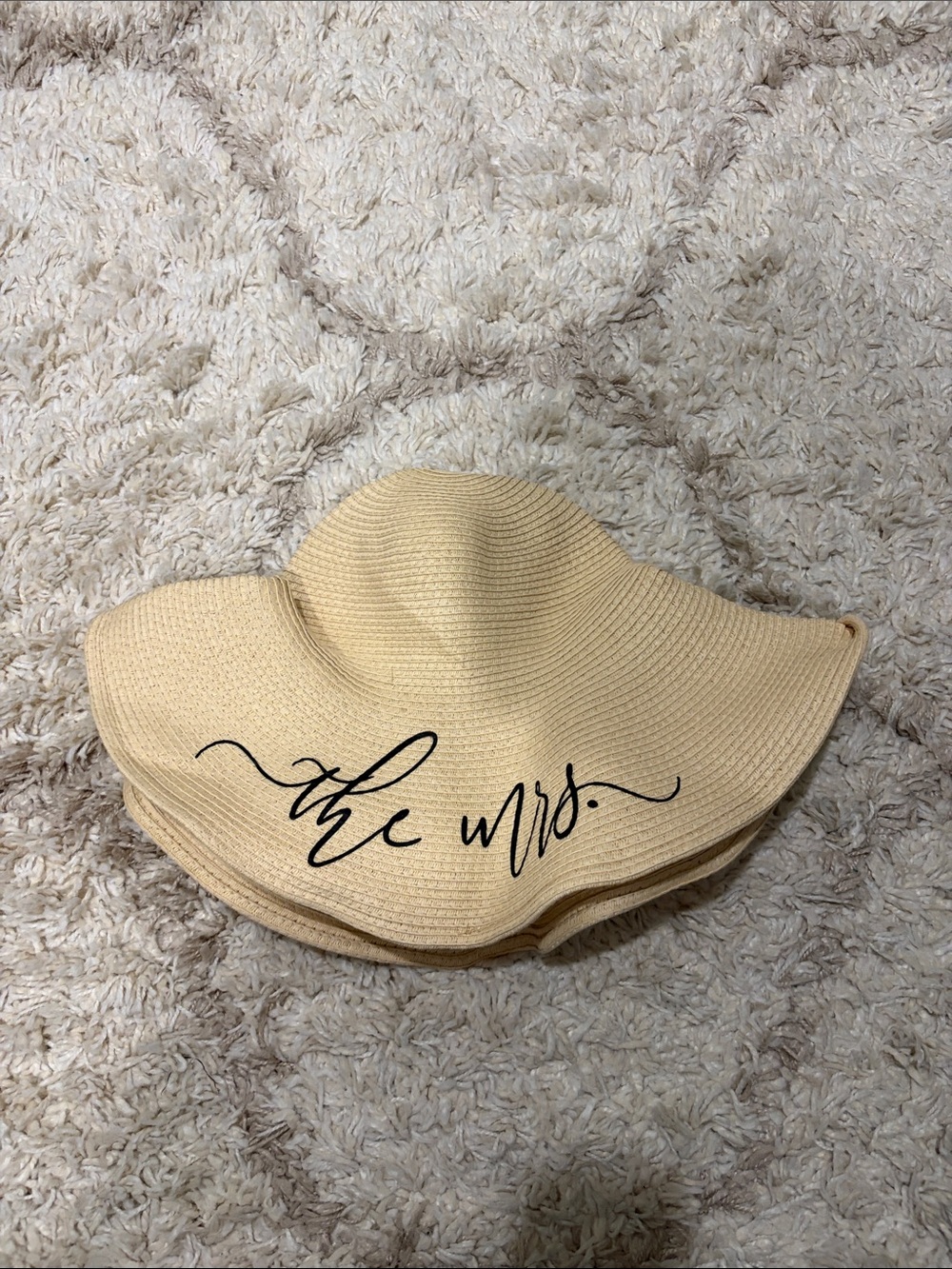 Stylish Beige Wide-Brim Sun Hat with 'the mrs.' Script